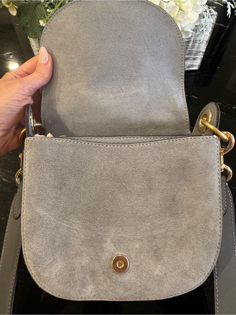 🩶COACH Gray Pebbled Leather & Suede Mini Saddle Bag with Gold Hardware - Picture 5 of 13